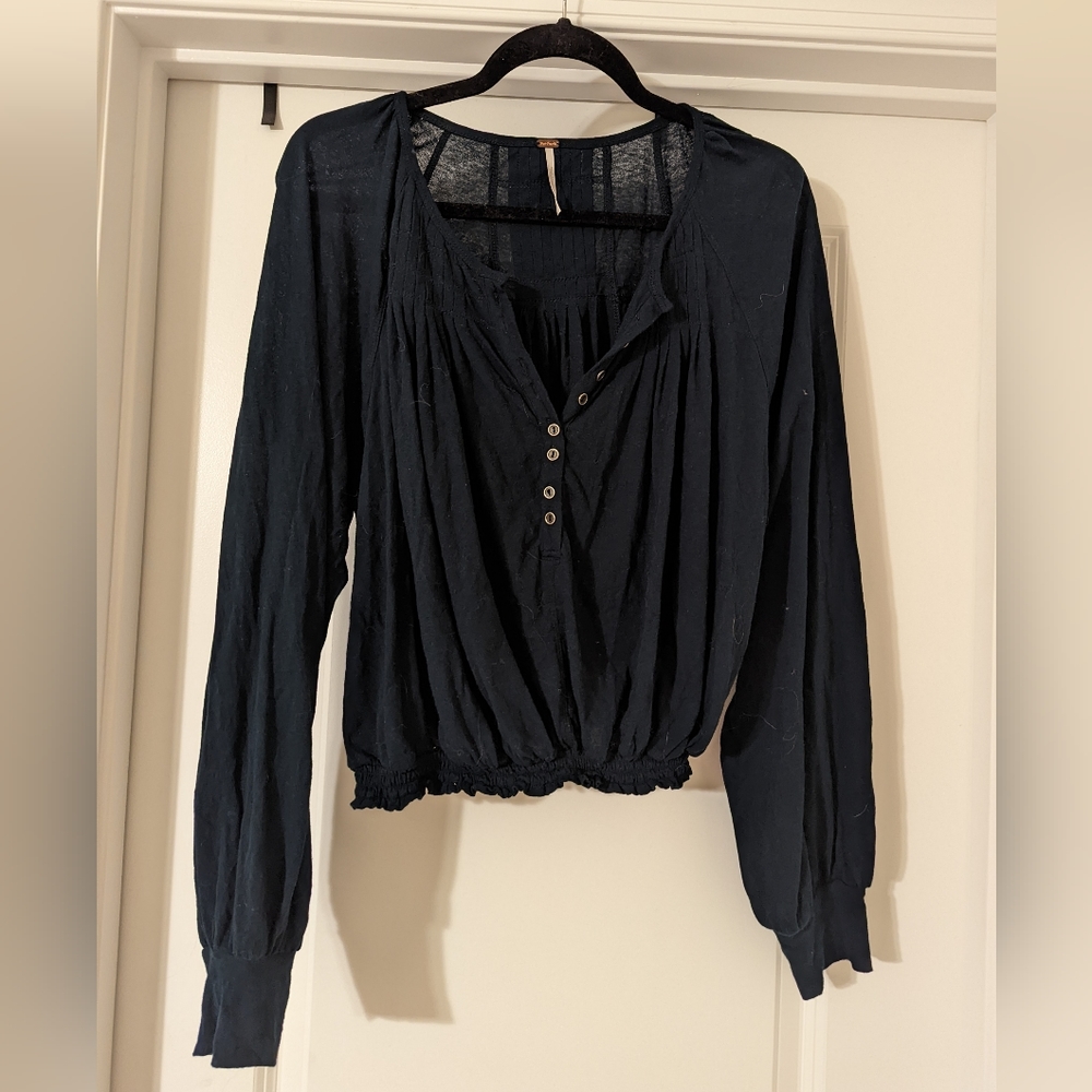 SOLD Free People Black Lightweight Top With Buttons And Banded Bottom And Cuffs